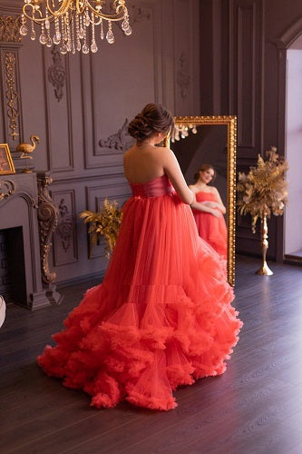 G523, Red Tube Ruffled Shoot Trail Gown Size: All, Color: All