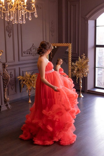 G523, Red Tube Ruffled Shoot Trail Gown Size: All, Color: All