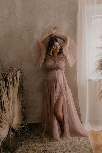 G657, Beige Ruffled Maternity Shoot Trail Gown, Size: All, Color: All