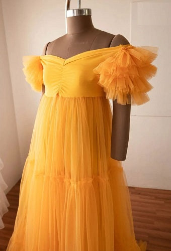 G353, Yellow Ruffled Maternity Shoot Gown Size: All, Color: All