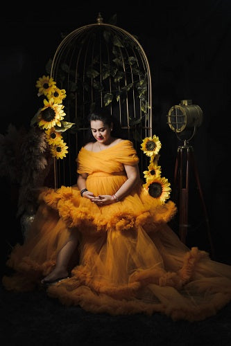 G168, Mustard Slit Cut Maternity Shoot Trail Gown, Size: All, Color: All