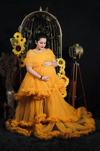 G168, Mustard Slit Cut Maternity Shoot Trail Gown, Size: All, Color: All