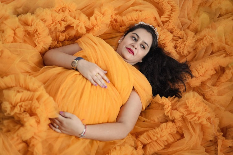 G168, Mustard Slit Cut Maternity Shoot Trail Gown, Size: All, Color: All