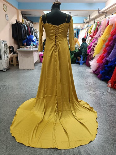 G179, Golden Full Sleeves Long Trail Shoot Gown Size: All, Color: All