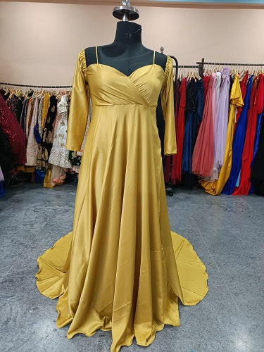 G179, Golden Full Sleeves Long Trail Shoot Gown Size: All, Color: All