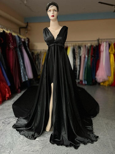 G550, Black satin slit cut PreWedding Shoot Long Trail Gown, Size: All, Color: All