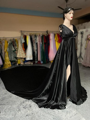 G550, Black satin slit cut PreWedding Shoot Long Trail Gown, Size: All, Color: All