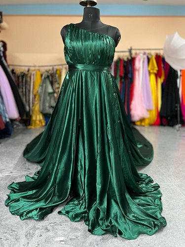 G456, Bottle Green Satin Slit Cut Pre Wedding Shoot Long Trail Gown, Size: All, Color: All