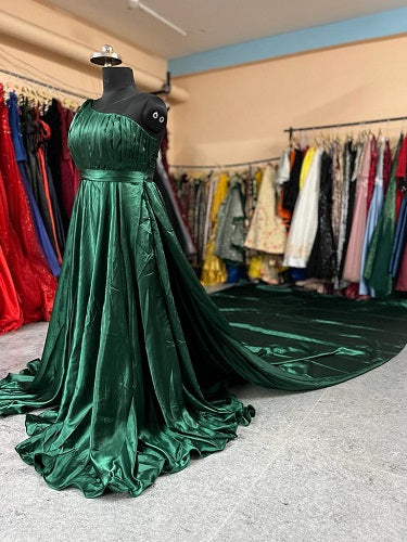 G456, Bottle Green Satin Slit Cut Pre Wedding Shoot Long Trail Gown, Size: All, Color: All