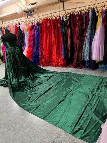 G456, Bottle Green Satin Slit Cut Pre Wedding Shoot Long Trail Gown, Size: All, Color: All