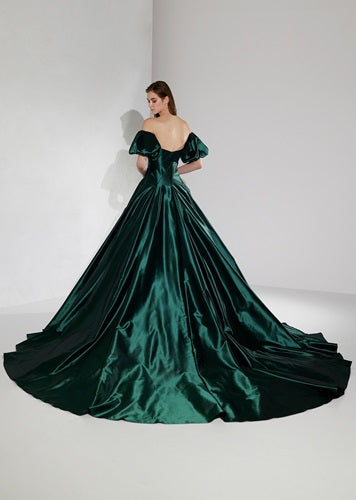 G988, Bottle Green Satin Shoot Long Trail Gown, Size: All, Color: All