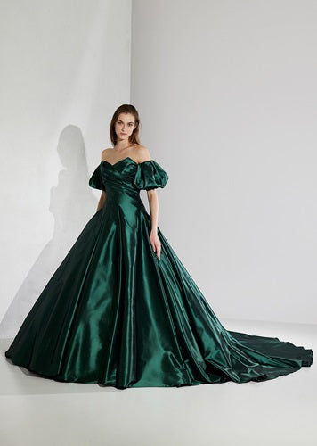 G988, Bottle Green Satin Shoot Long Trail Gown, Size: All, Color: All