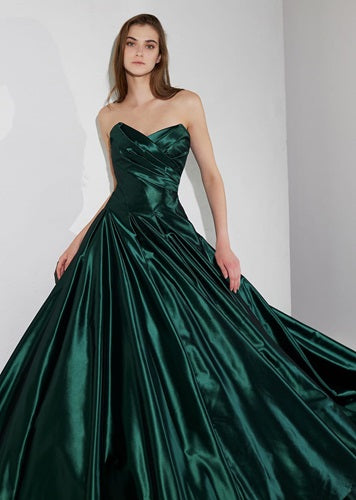 G988, Bottle Green Satin Shoot Long Trail Gown, Size: All, Color: All