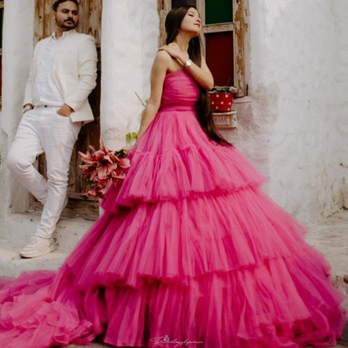 G940, Hot Pink Ruffle Long Trail Ball Gown Size: All, Color: All