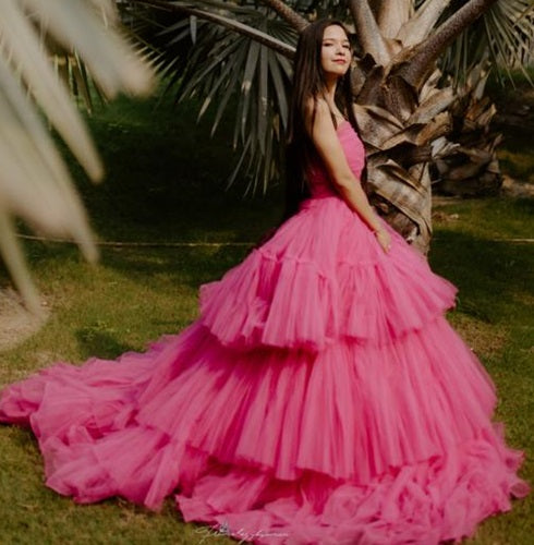 G940, Hot Pink Ruffle Long Trail Ball Gown Size: All, Color: All