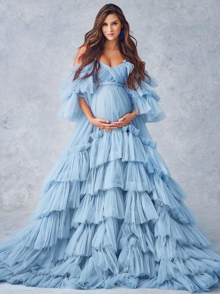 G3002, Cyan Blue Frilled Maternity Shoot Gown (All Sizes)pp