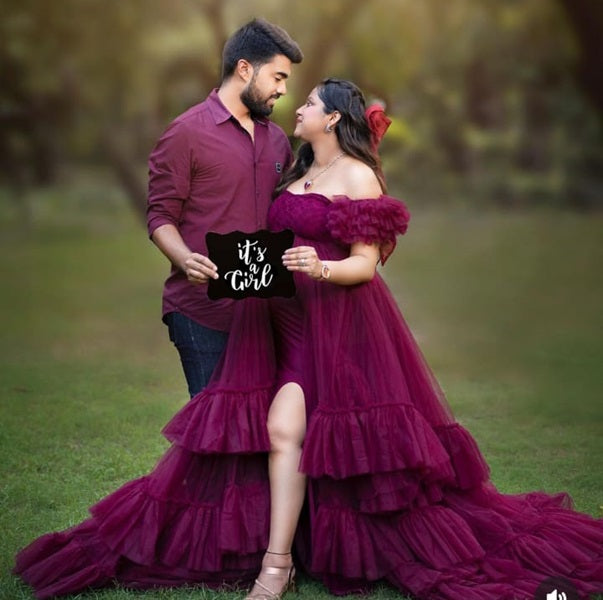 G3016, Dark Magenta Frills Maternity Shoot Trail Gown Size(Al ) pp