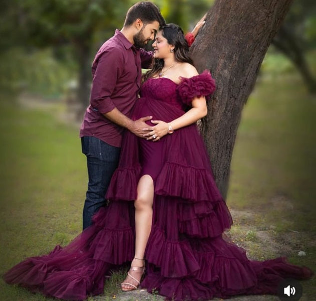 G3016, Dark Magenta Frills Maternity Shoot Trail Gown Size(Al ) pp