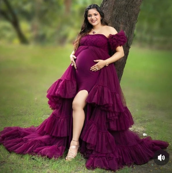 G3016, Dark Magenta Frills Maternity Shoot Trail Gown Size(Al ) pp
