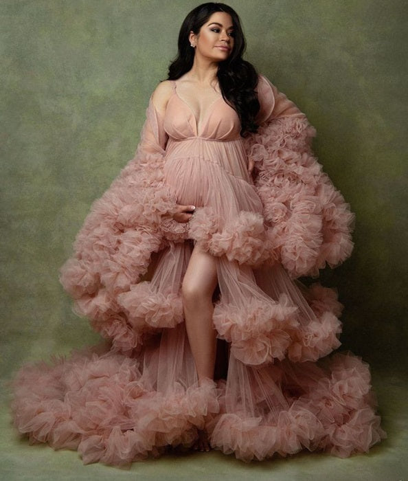 G3018, Light Peach Frills Maternity Shoot Gown, Size(All) pp