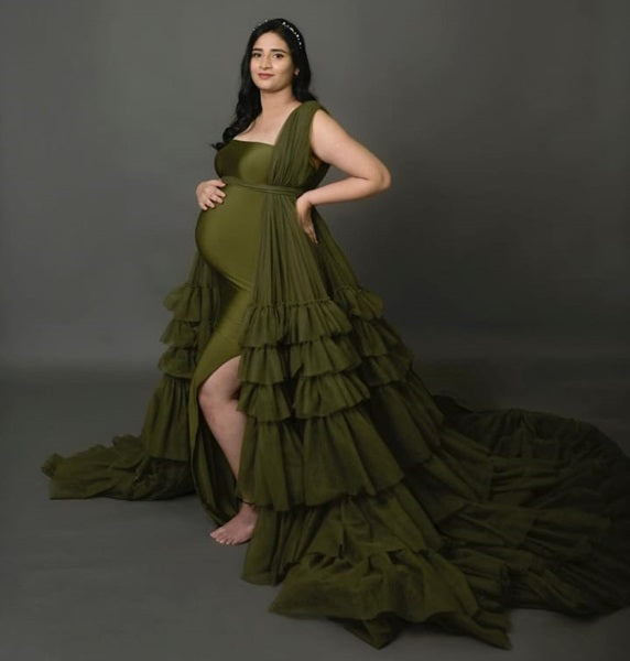 G3033,Olive Green Maternity Shoot Trail Gown, Size (All)pp