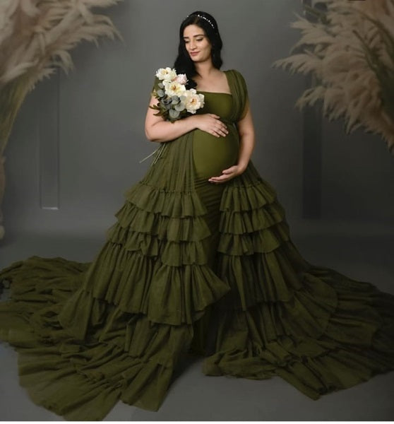 G3033,Olive Green Maternity Shoot Trail Gown, Size (All)pp