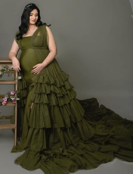 G3033,Olive Green Maternity Shoot Trail Gown, Size (All)pp