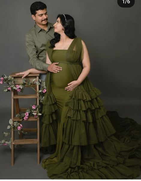 G3033,Olive Green Maternity Shoot Trail Gown, Size (All)pp