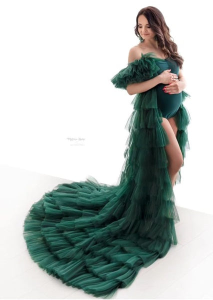 G3031 (2), Bottle Green Ruffled Maternity Shoot Gown, Size (All)PP