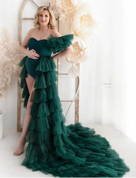G3031 (2), Bottle Green Ruffled Maternity Shoot Gown, Size (All)PP