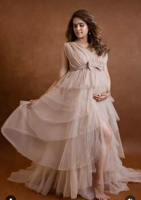 G3035, Light Brown Ruffled Slit Cut Maternity Shoot Gown , Size(All)pp