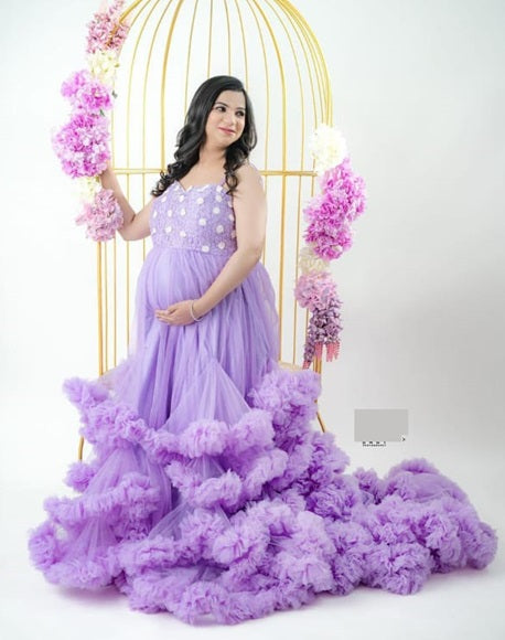 G2400, Lavender Ruffled Frill Maternity Shoot Trail Gown, Size (All)