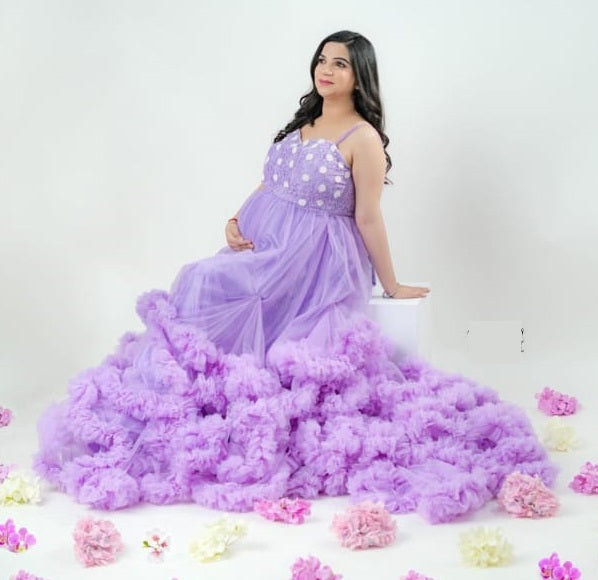 G2400, Lavender Ruffled Frill Maternity Shoot Trail Gown, Size (All)