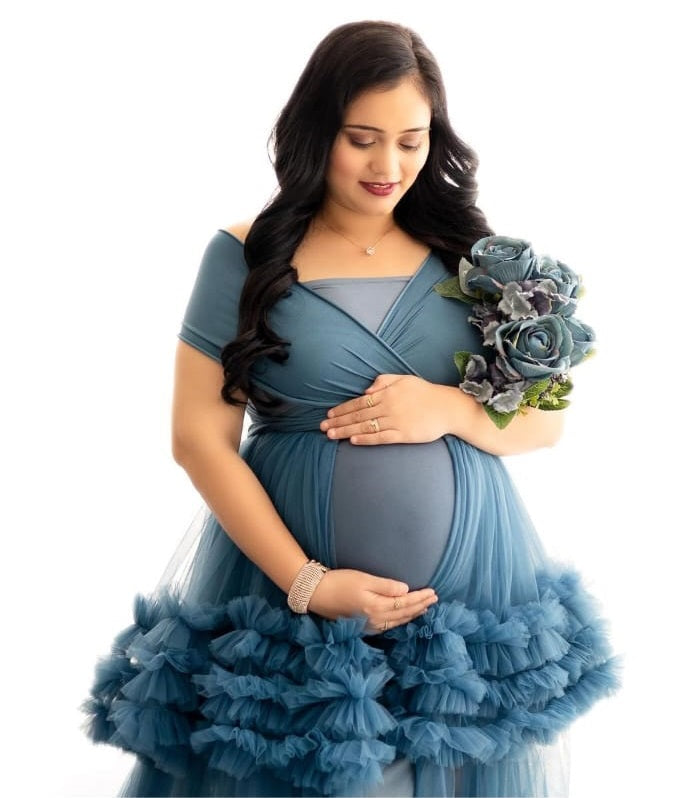 G3034, Navy Blue Ruffled Slit Cut Maternity Shoot Trail Gown Size (All)PP