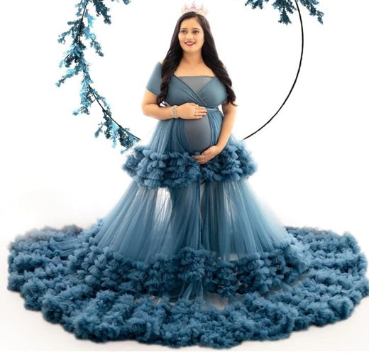 G3034, Navy Blue Ruffled Slit Cut Maternity Shoot Trail Gown Size (All)PP