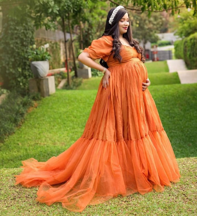 G3041, Luxury Orange Frill Maternity Shoot Trail Gown, Size(All)pp