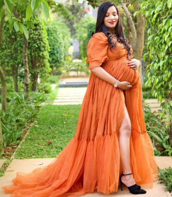 G3041, Luxury Orange Frill Maternity Shoot Trail Gown, Size(All)pp
