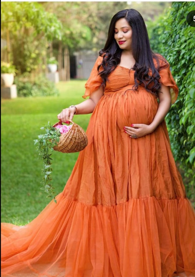 G3041, Luxury Orange Frill Maternity Shoot Trail Gown, Size(All)pp