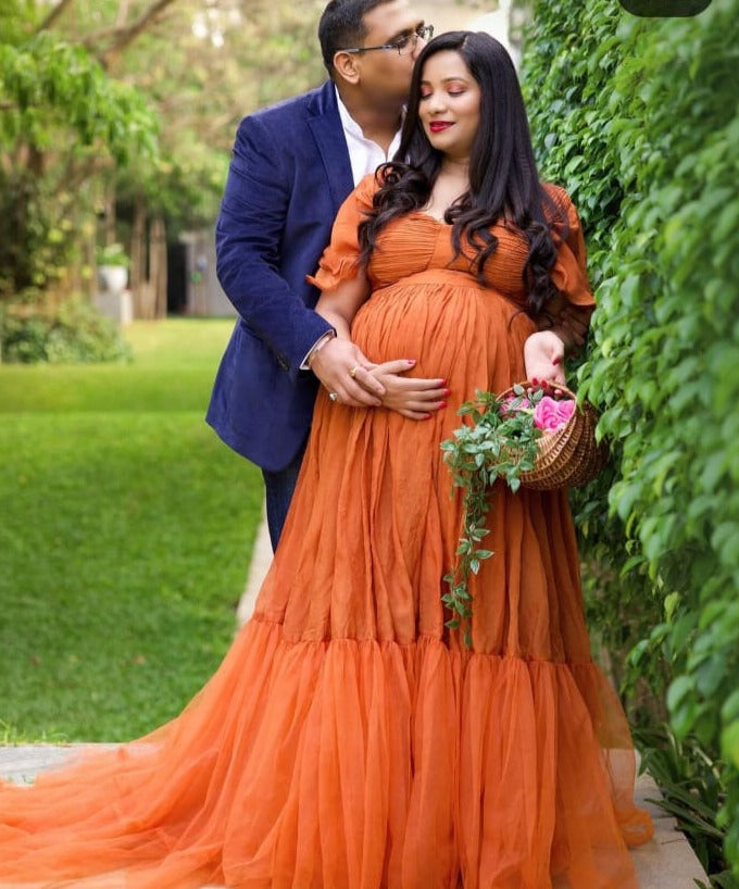 G3041, Luxury Orange Frill Maternity Shoot Trail Gown, Size(All)pp