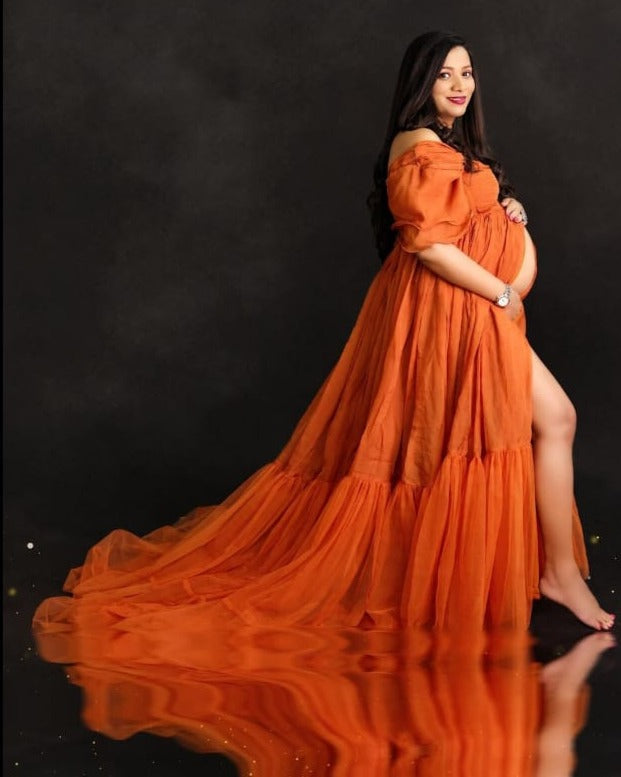 G3041, Luxury Orange Frill Maternity Shoot Trail Gown, Size(All)pp