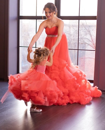 G523, Red Tube Ruffled Mother-Daughter Shoot Trail Gown Size: All, Color: All