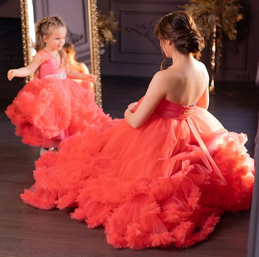 G523, Red Tube Ruffled Mother-Daughter Shoot Trail Gown Size: All, Color: All