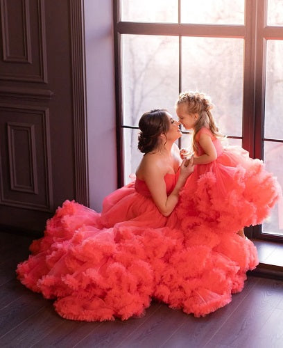 G523, Red Tube Ruffled Mother-Daughter Shoot Trail Gown Size: All, Color: All