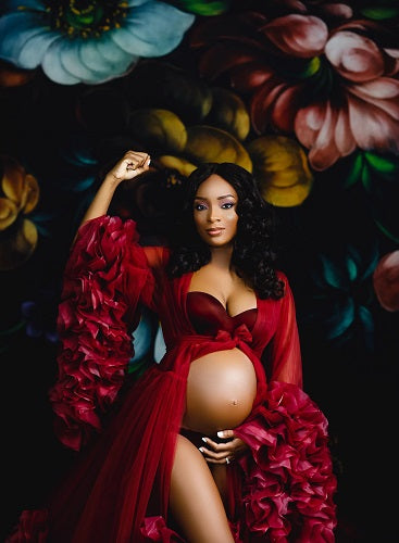 G1245, Wine Ruffled Maternity Shoot Gown With Inner, Size: All, Color: All