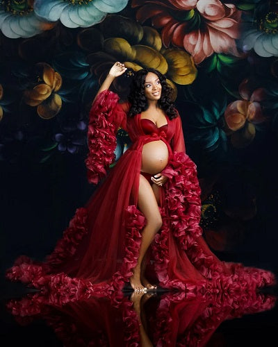G1245, Wine Ruffled Maternity Shoot Gown With Inner, Size: All, Color: All