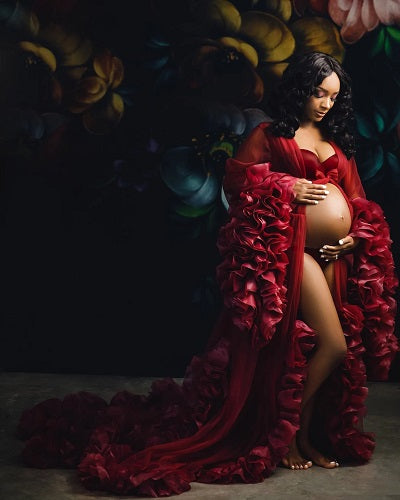 G1245, Wine Ruffled Maternity Shoot Gown With Inner, Size: All, Color: All