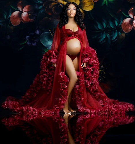 G1245, Wine Ruffled Maternity Shoot Gown With Inner, Size: All, Color: All
