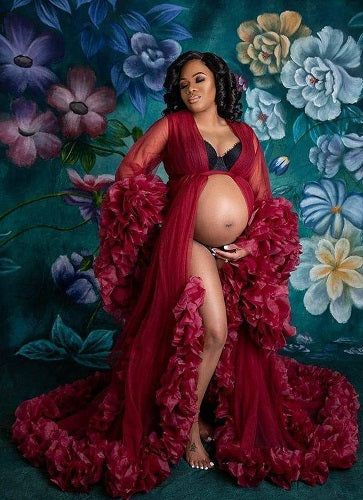 G1245, Wine Ruffled Maternity Shoot Gown With Inner, Size: All, Color: All