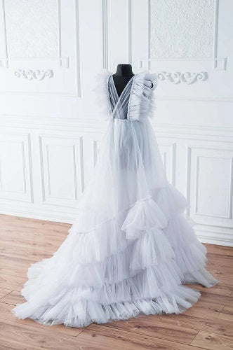 W665, White Ruffled Shoot Trail Gown, Size: All, Color: All