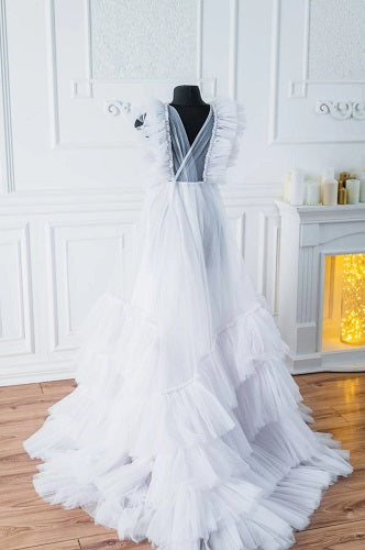 W665, White Ruffled Shoot Trail Gown, Size: All, Color: All